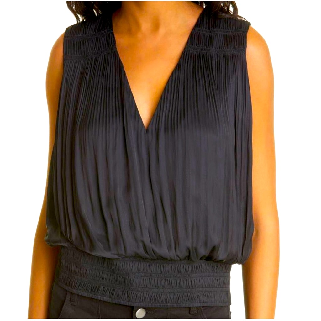 Frame Pleat V-Neck Sleeveless Cinched Waist Top Women's Sz Xlarge Black Noir